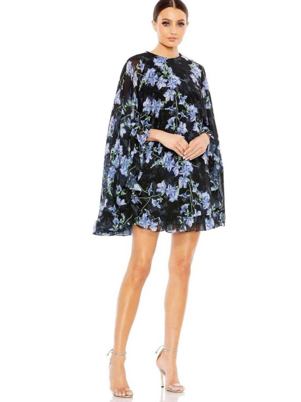 Ieena for Mac Duggal Mini Cape Dress with Blue Floral Print Size 2 NWT